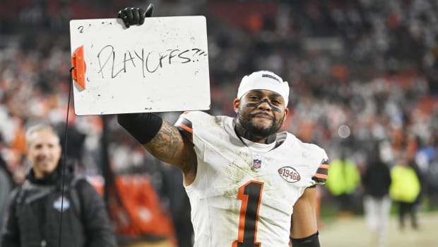 Dec 28, 2023; Cleveland, Ohio, USA; Cleveland Browns safety Juan Thornhill (1) celebrates after the Browns beat the New York Jets at Cleveland Browns Stadium. Mandatory Credit: Ken Blaze-USA TODAY Sports  